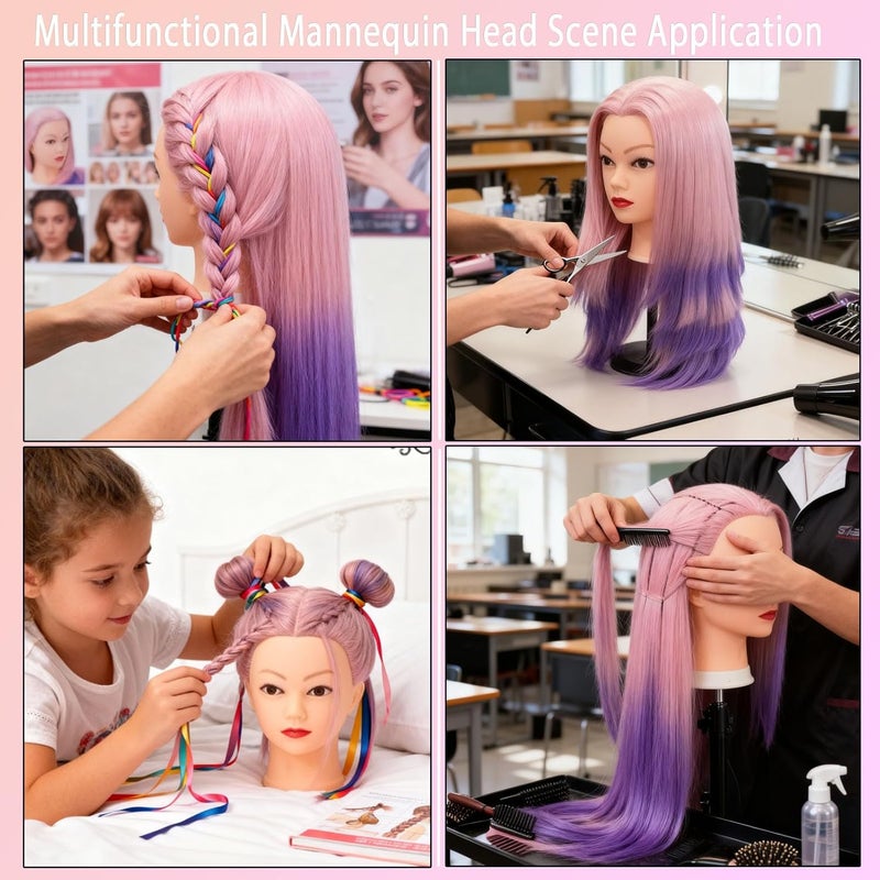 TopDirect 29" Mannequin Head with Hair,Doll Head for Cosmetology Hair Styling Training Head,Manikin Braiding Head With Clamp Holder and Styling Tools (Pink Purple) - Image 4